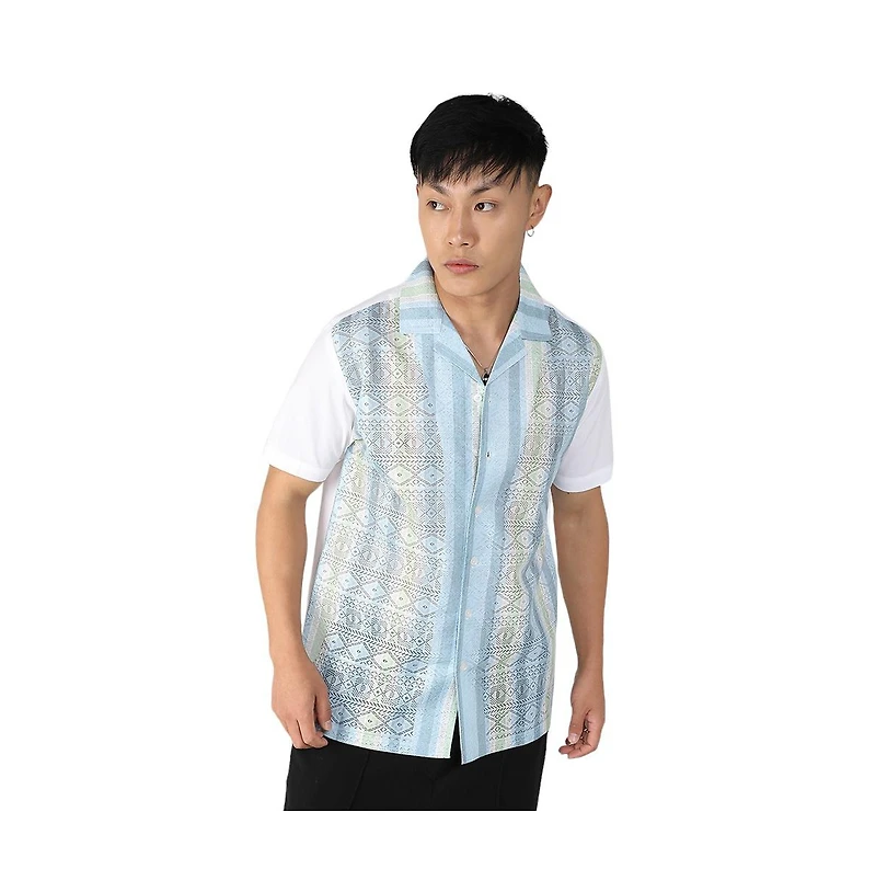 Men's Light Blue & Pale Yellow Fish Eye Ethnic Shirt