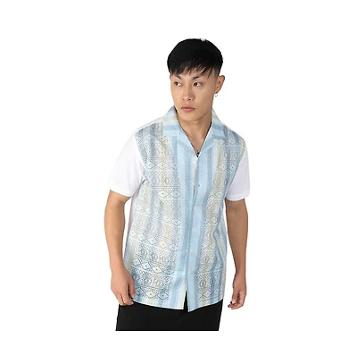 Men's Light Blue & Pale Yellow Fish Eye Ethnic Shirt