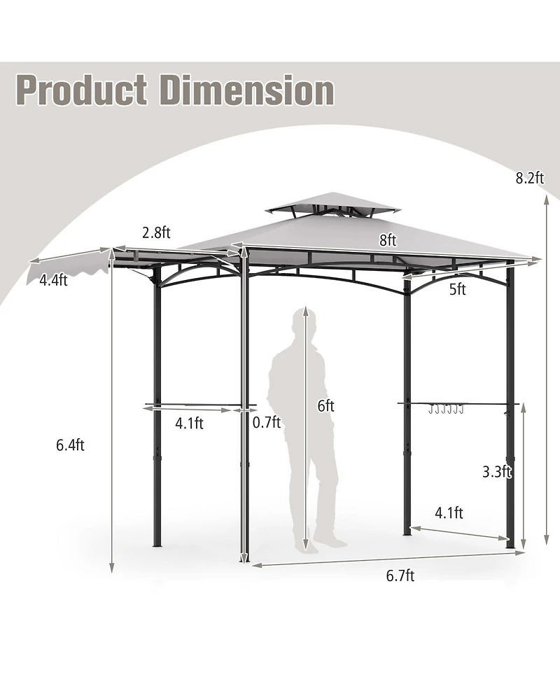 10.5 x 5 Ft Grill Gazebo with Side Awning and Double-Tiered Top-Gray