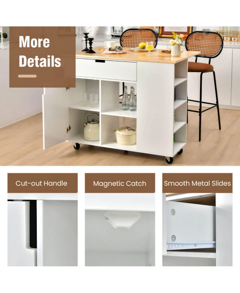 Sugift Drop-Leaf Kitchen Island Cart with Rubber Wood Top
