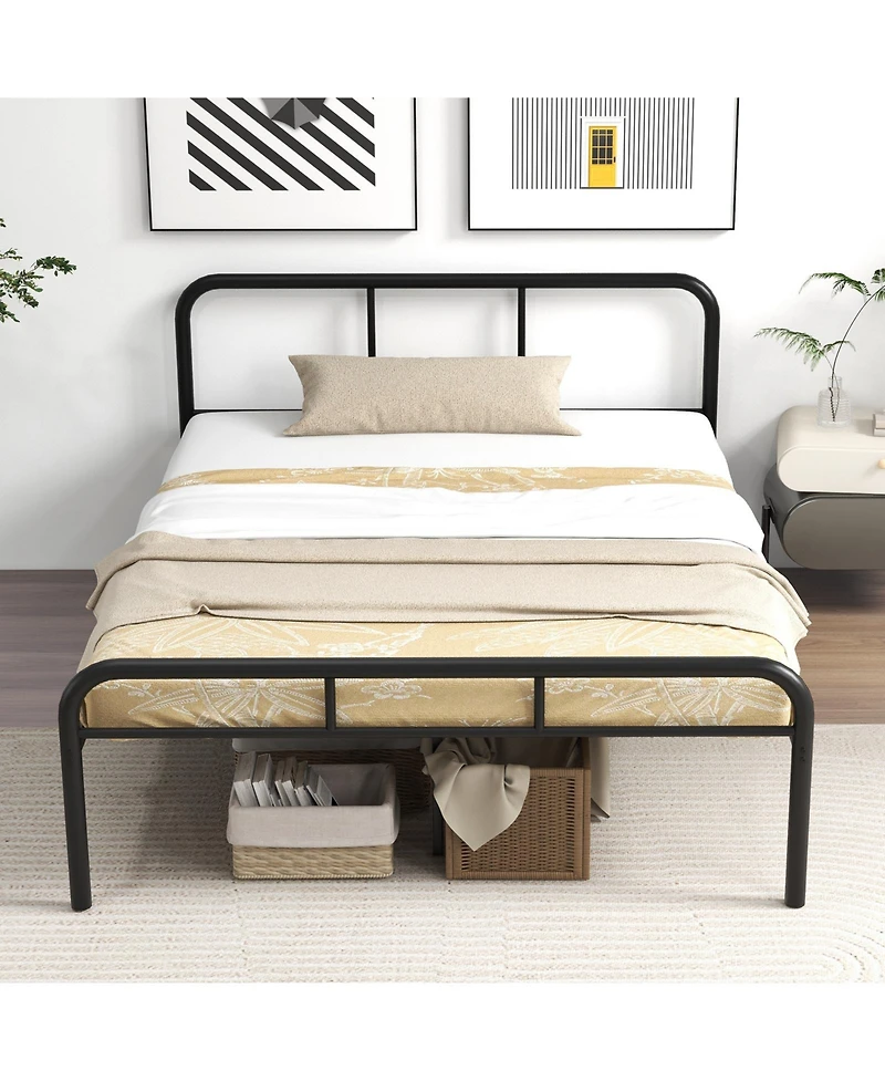 Full Bed Frame with Headboard and Footboard No Box Spring Needed-Black