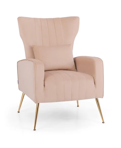 Velvet Upholstered Wingback Chair with Lumbar Pillow & Golden Metal Legs