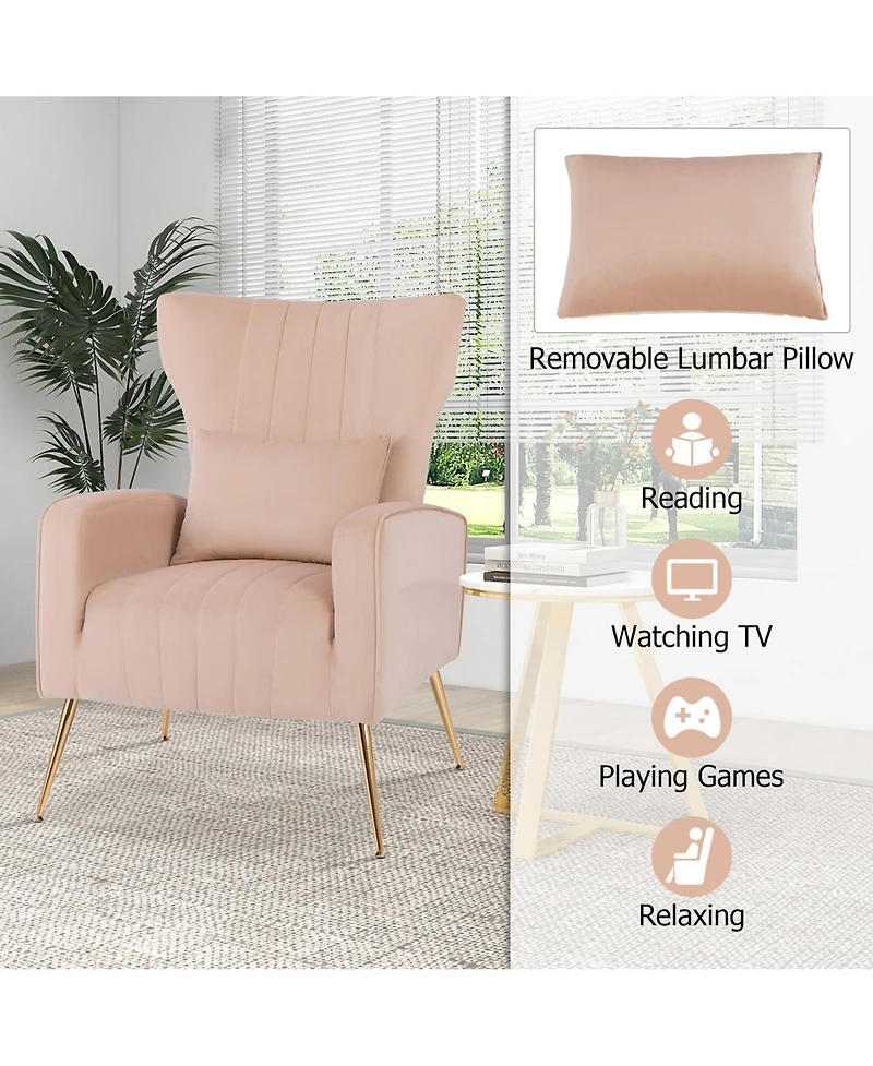 Velvet Upholstered Wingback Chair with Lumbar Pillow & Golden Metal Legs