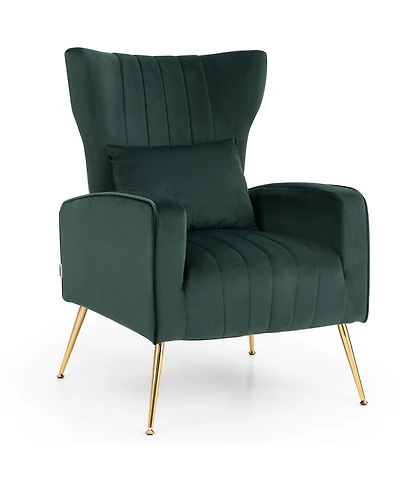 Velvet Upholstered Wingback Chair with Lumbar Pillow & Golden Metal Legs
