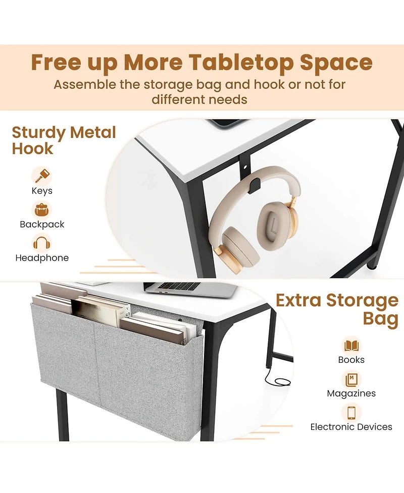 Set of 2 Meeting Room Desk with Charging Station & Headphone Hook Metal Frame