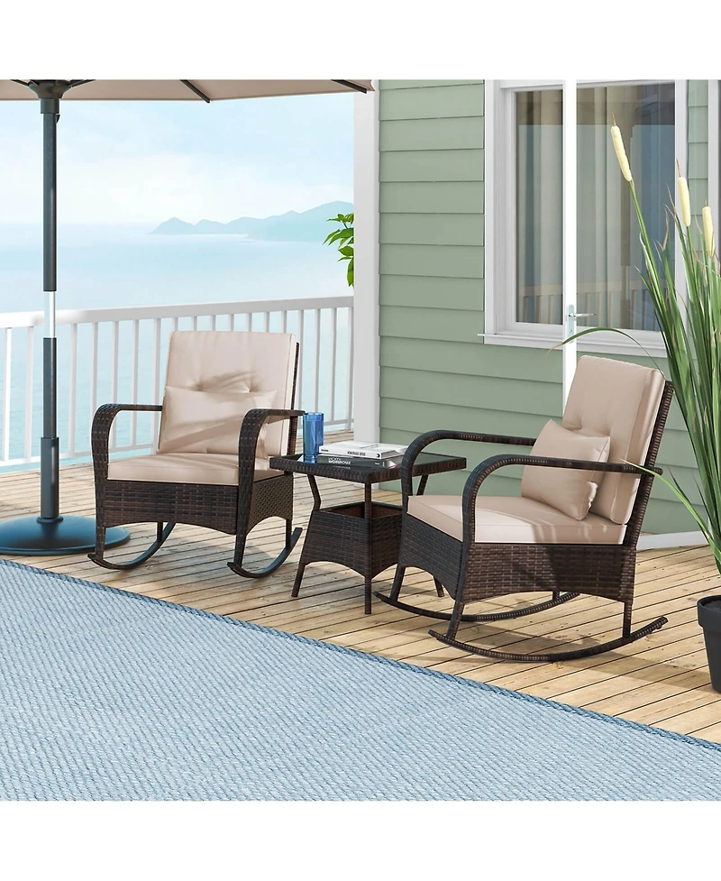 3 Pcs Rocking Bistro Set with Removable Cushions & Tempered Glass Top Coffee Table