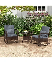 3 Pcs Rocking Bistro Set with Removable Cushions & Tempered Glass Top Coffee Table