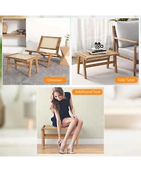 1 Pcs Ottoman Footstool Natural Teak Wooden Foot Rest with Handwoven Rattan Indoor