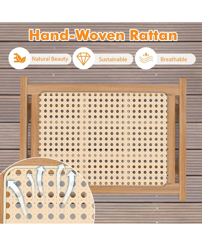 1 Pcs Ottoman Footstool Natural Teak Wooden Foot Rest with Handwoven Rattan Indoor