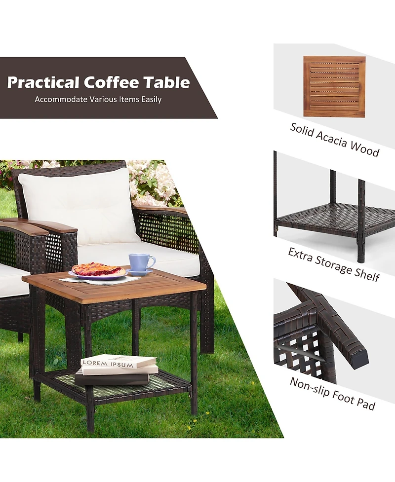 5PCS Patio Rattan Furniture Set Acacia Wood Table Armrest Cushion Yard