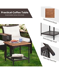 5PCS Patio Rattan Furniture Set Acacia Wood Table Armrest Cushion Yard