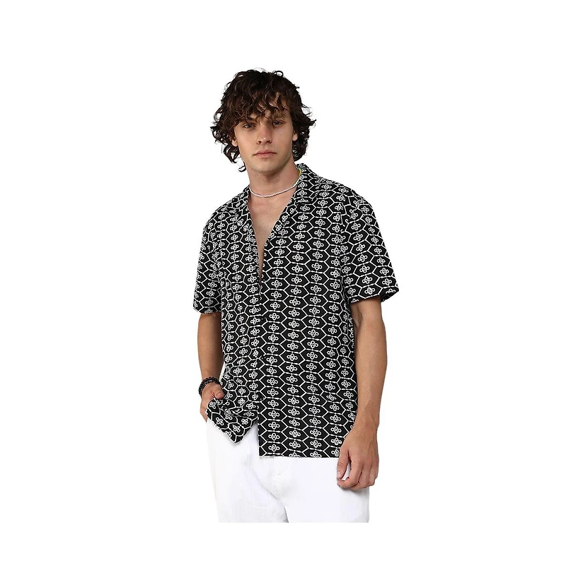 Men's Obsidian Black Embroidered Geometric Shirt