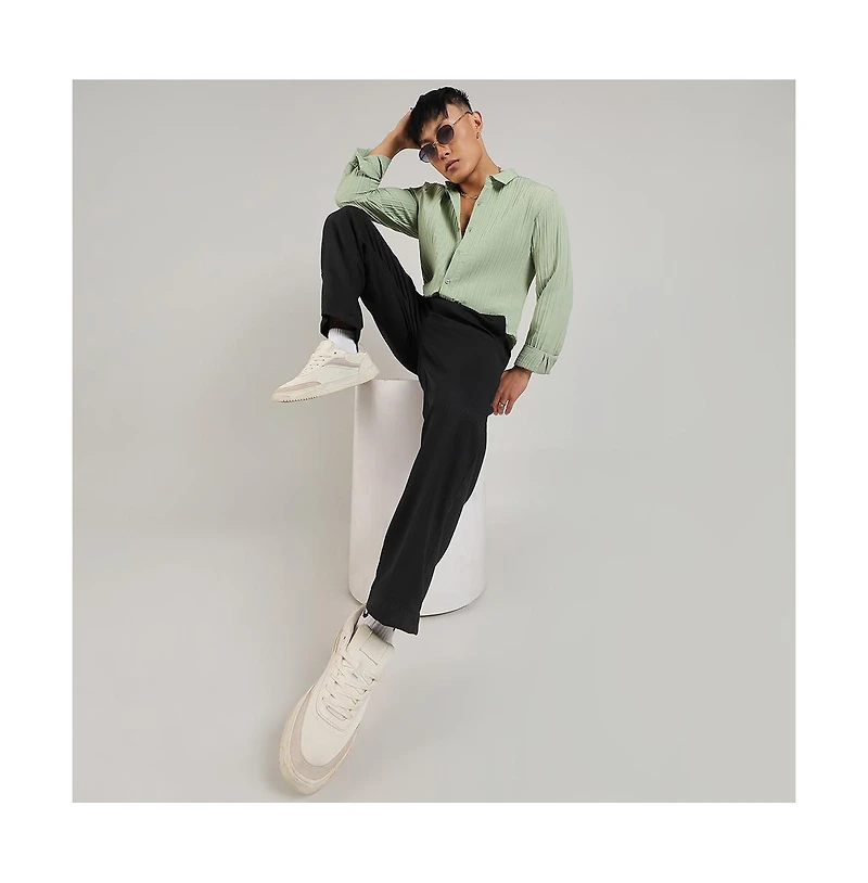 Men's Pistachio Green Self-Design Striped Shirt