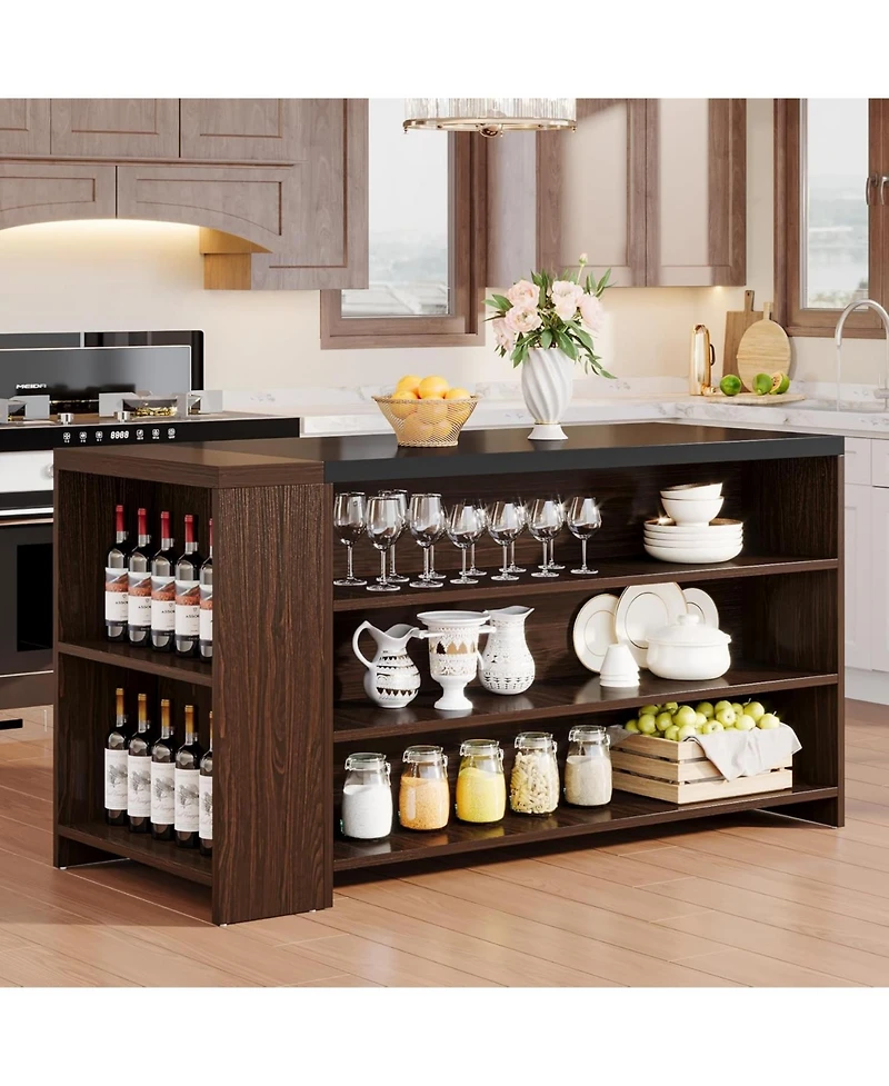 Tribesigns 55" Kitchen Island with Storage, Farmhouse 5-Tier Stationary Island Table with 5 Shelves, Wood Coffee Bar Table Storage Cabinet with Large