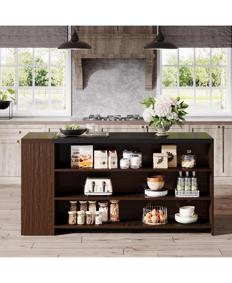 Tribesigns 55" Kitchen Island with Storage, Farmhouse 5-Tier Stationary Island Table with 5 Shelves, Wood Coffee Bar Table Storage Cabinet with Large