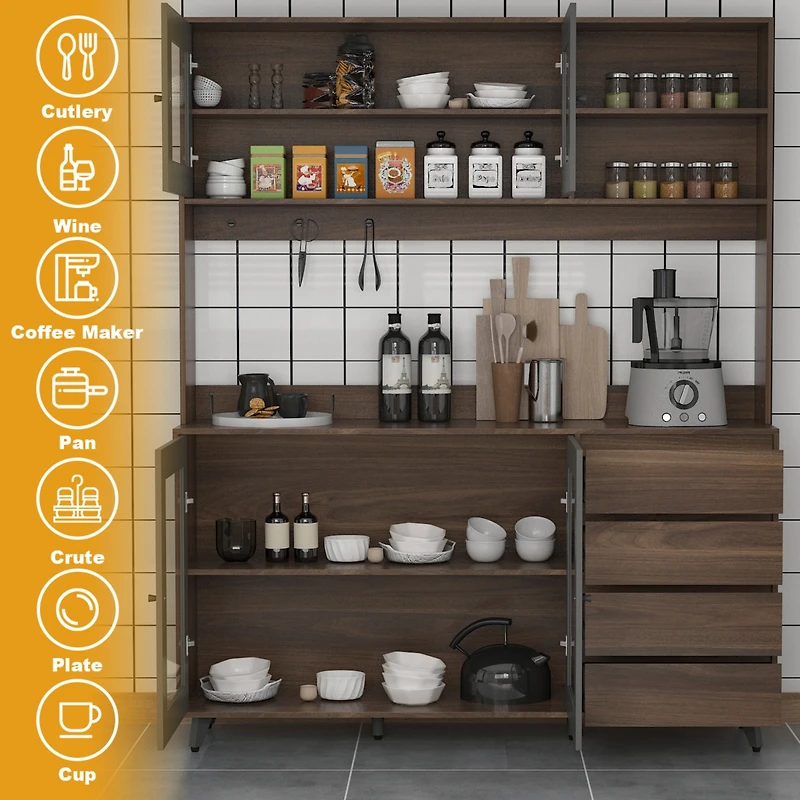 Famapy Kitchen Dining Food Pantries Sideboard with 4-Drawers and Glass Doors