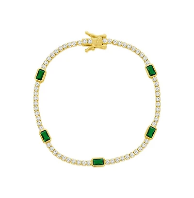 Simona Sterling Silver, Rectangle Bezel-Set & Round Cz Gold Plated Bracelet - Emerald