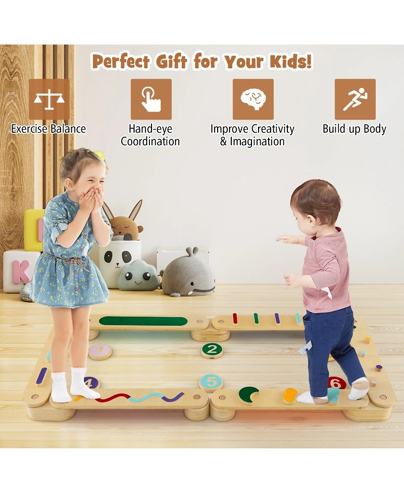 Gymax Wooden Balance Beam w/ Stepping Stones Balance Board Toy Playset for 1+ Toddlers