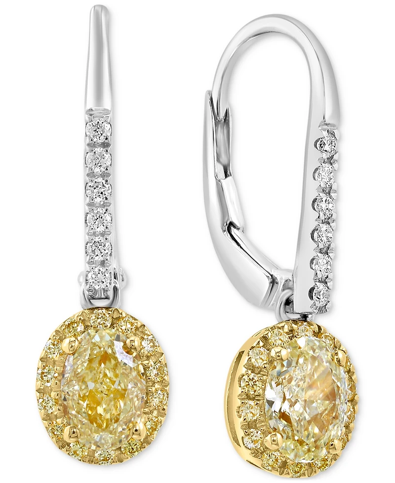 Effy Yellow Diamond (1-1/10 ct. t.w.) & White Diamond (1/10 ct. t.w.) Oval Halo Leverback Drop Earrings in 18k Two-Tone Gold