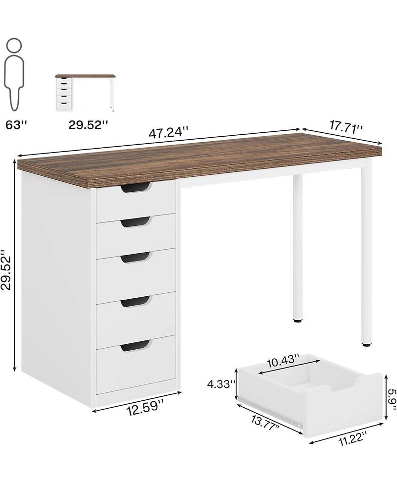 Tribesigns Computer Desk with 5 Drawers, 47 inches Rustic Brown Home Office Desk with Storage, Modern Simple Laptop Desk Study Writing Table for Small