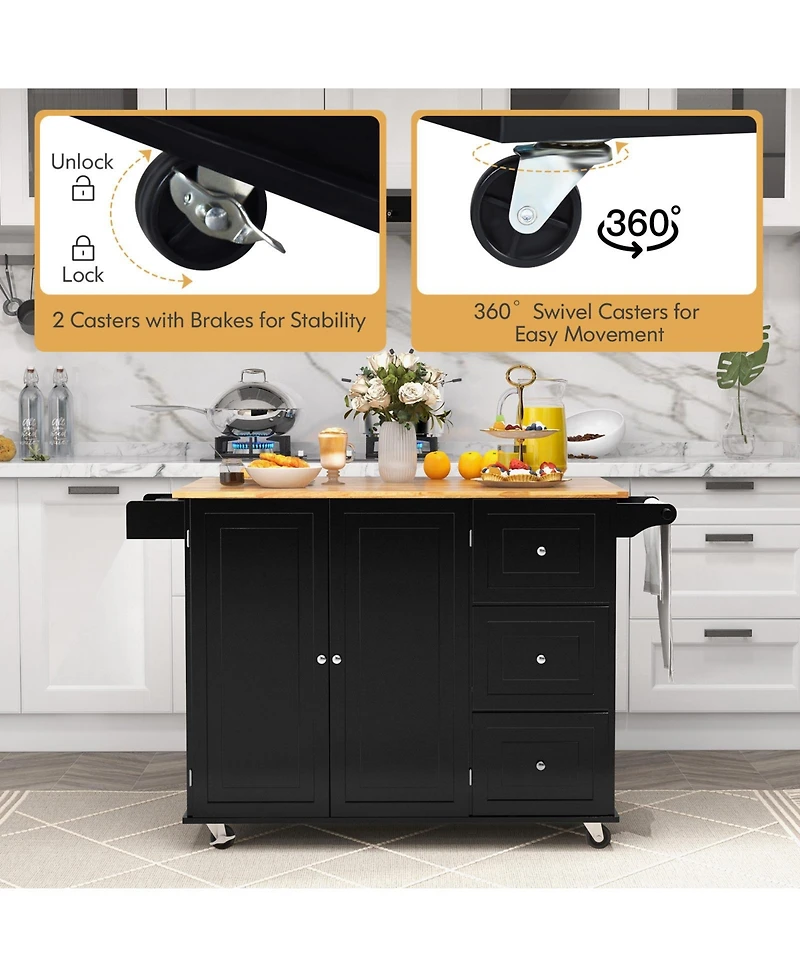 Suguift Kitchen Island Trolley Cart Wood with Drop-Leaf Tabletop and Storage Cabinet