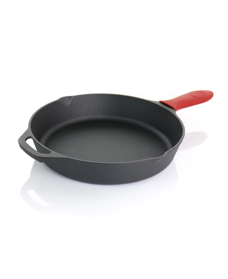 MegaChef Pre-Seasoned 9 Piece Cast Iron Skillet Set with Lids and Red Silicone Holder