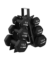 HolaHatha 5, 10, and 15 Pound Neoprene Dumbbell Free Hand Weight Set with Rack