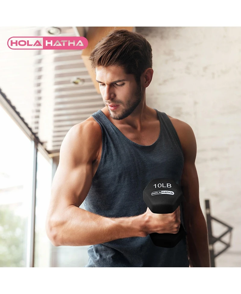 HolaHatha 5, 10, and 15 Pound Neoprene Dumbbell Free Hand Weight Set with Rack
