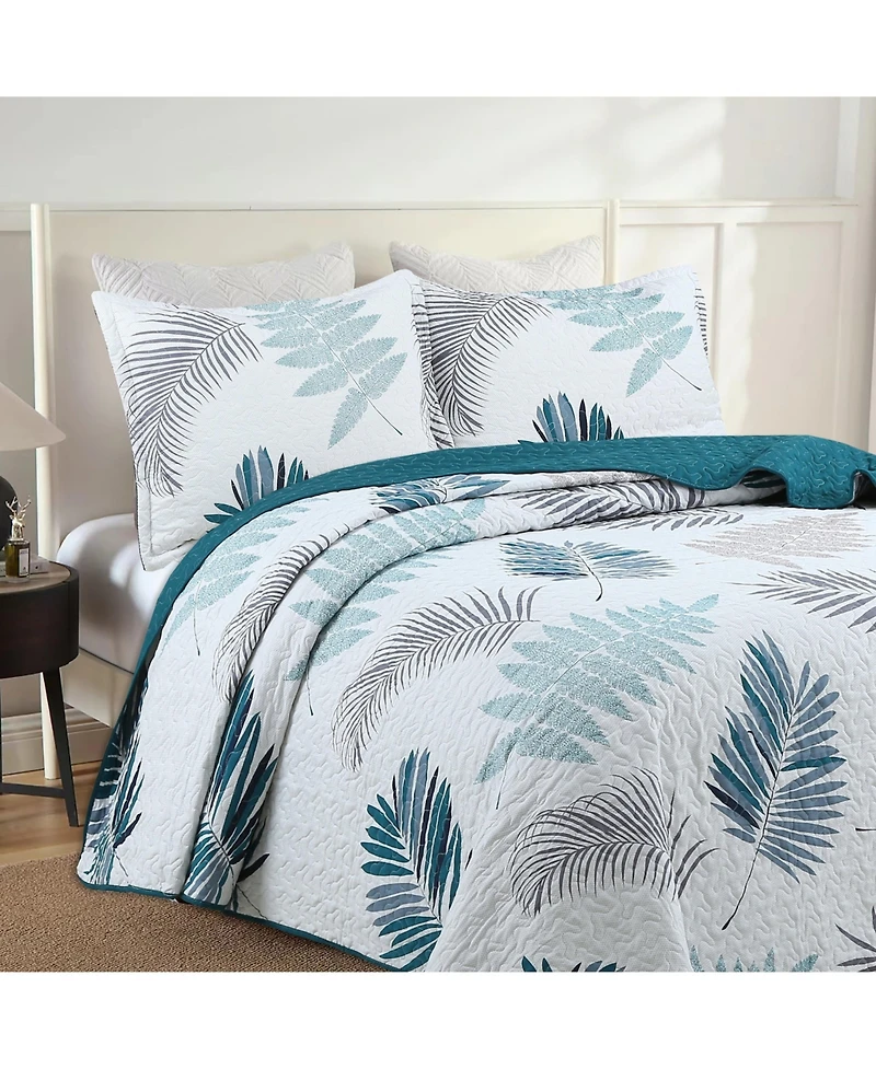 MarCielo 3 Piece Printed Leaf Quilt Set Lightweight Bedspread Set Queen