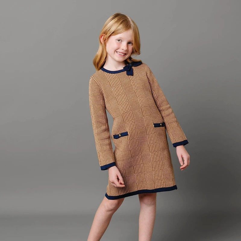 Hope & Henry Little Girls Long Sleeve Bow Detail Intarsia Sweater Dress