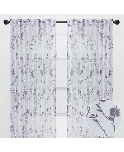Chanasya Premium 2-Panel Floral Textured Sheer Curtain Panels - 3-in-1 Back Tab, Rod Pocket