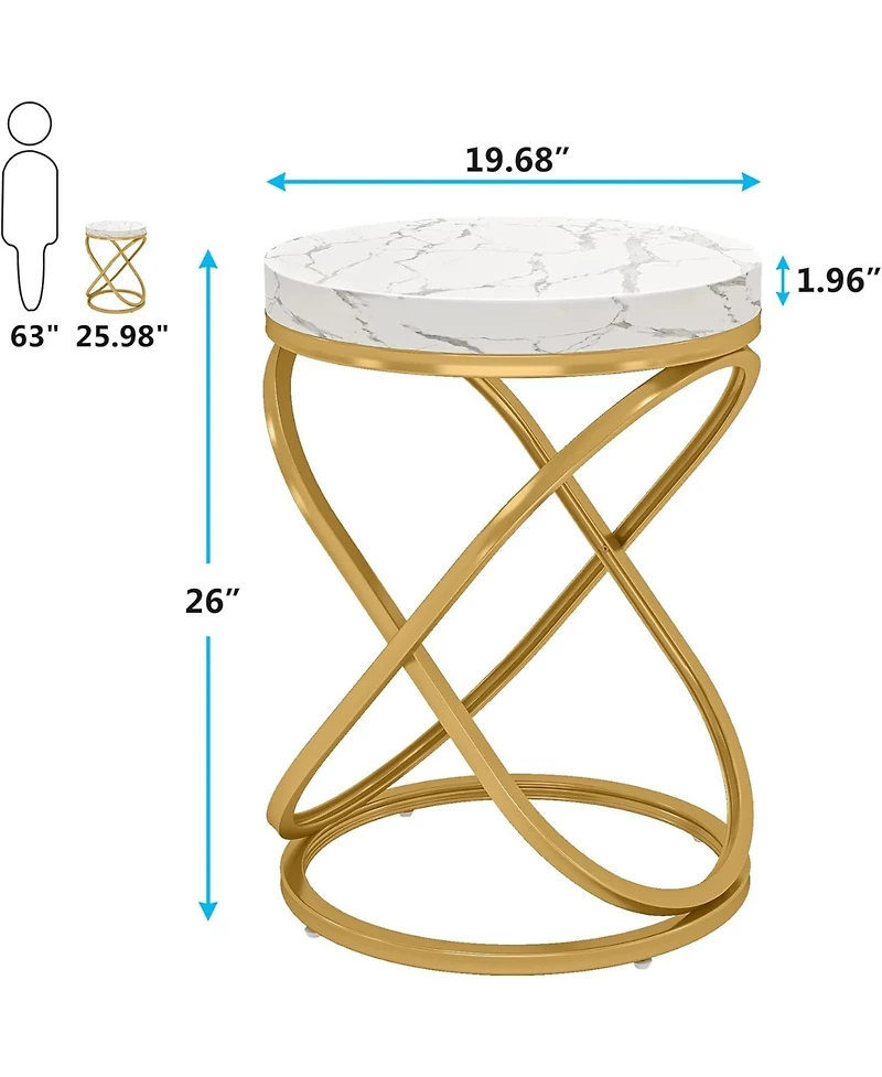 Tribesigns White and Gold Faux Marble Top End Tables Set of 2, Round Nightstands Sofa Side Table with Double X-Shaped Ring Unique Design for Bedroom