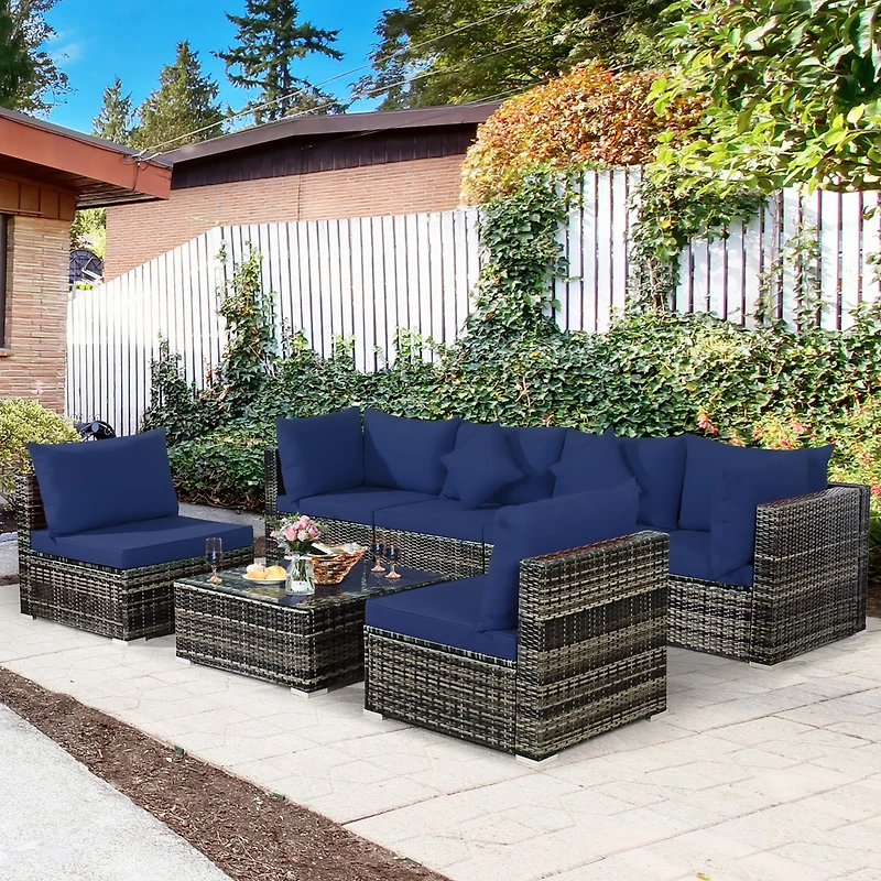 7PCS Patio Rattan Furniture Set Sectional Sofa Garden