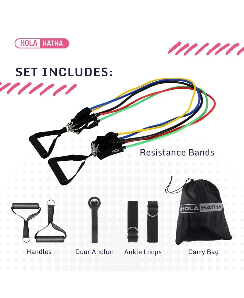 HolaHatha Resistance Band 110lb Maximum Workout Set with 5 Bands and 2 Handles