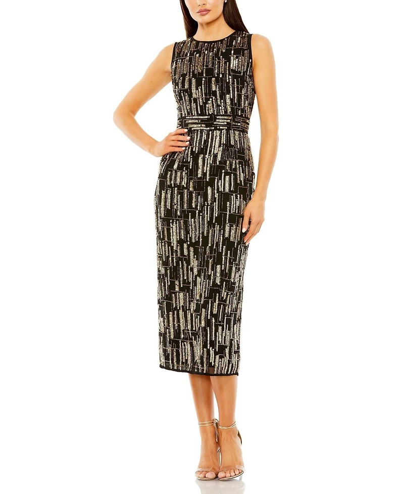 Mac Duggal Women's Abstract Beaded Sleeveless Midi Dress