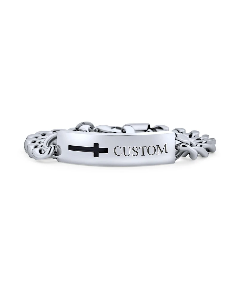 Bling Jewelry Name Plated Religious Side Ways Cross Identification Id Bracelet Curb Stainless Steel