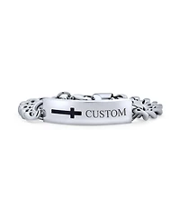 Bling Jewelry Name Plated Religious Side Ways Cross Identification Id Bracelet Curb Stainless Steel
