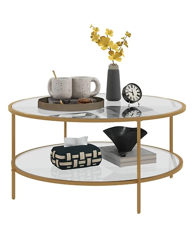 Homcom Round Side Table with Storage, 2-Tier End Tempe Glass Top