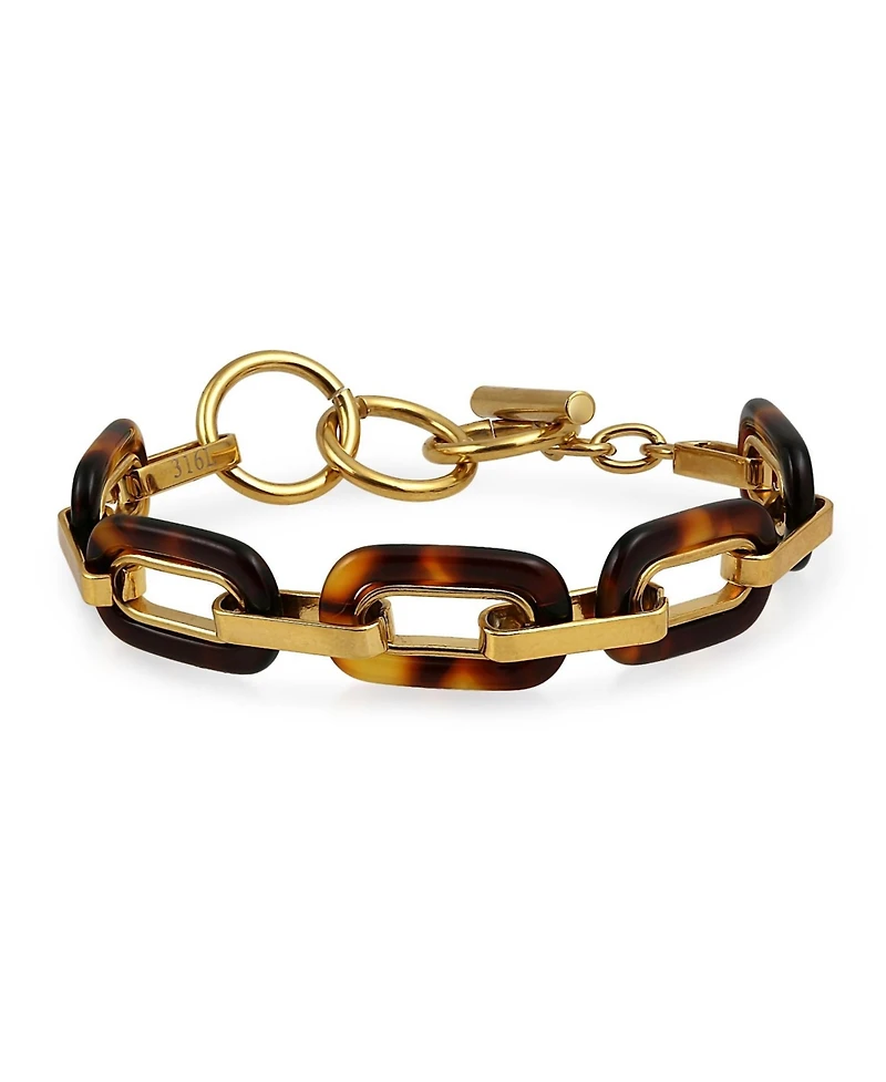 Bling Jewelry Fashion Statement Brown Golden Acrylic Marbled Leopard Tortoise Shell Oval Chain Link Bracelet Yellow Gold Plated Stainless Steel Adjust