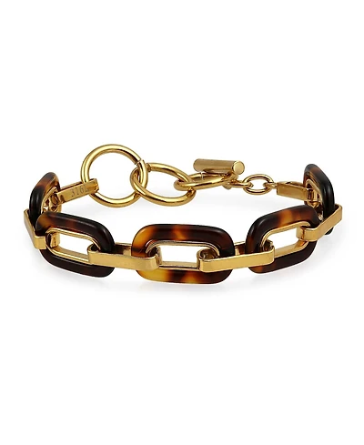 Bling Jewelry Fashion Statement Brown Golden Acrylic Marbled Leopard Tortoise Shell Oval Chain Link Bracelet Yellow Gold Plated Stainless Steel Adjust