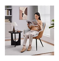 Yaheetech Modern Pleated Curved Back Boucle Fabric and Faux Leather Accent Chair Upholstered Armchair, Grey/ Retro Brown