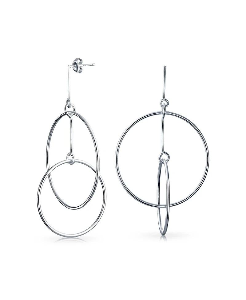 Bling Jewelry Minimalist Geometric Round Thin One Two Open Interlocking Circle Dangle Earrings .925 Sterling Silver 2.5 Inch Diameter