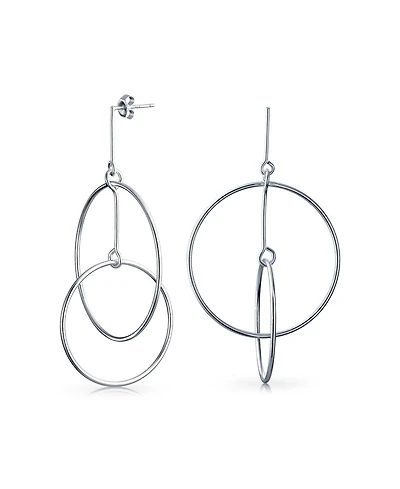 Bling Jewelry Minimalist Geometric Round Thin One Two Open Interlocking Circle Dangle Earrings .925 Sterling Silver 2.5 Inch Diameter