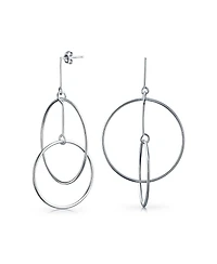Bling Jewelry Minimalist Geometric Round Thin One Two Open Interlocking Circle Dangle Earrings .925 Sterling Silver 2.5 Inch Diameter
