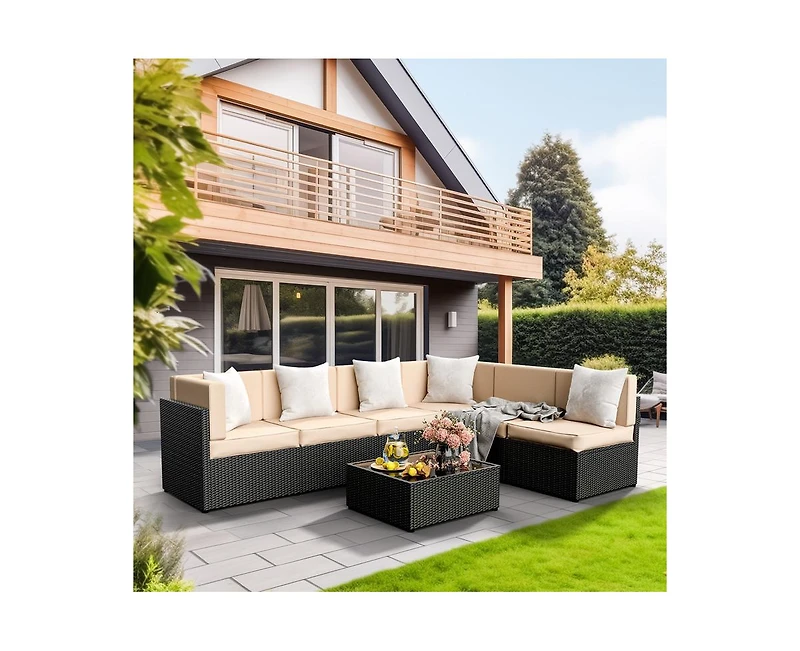 Gray 7-Piece Wicker Outdoor Sectional Set with Coffee Table and Cushions