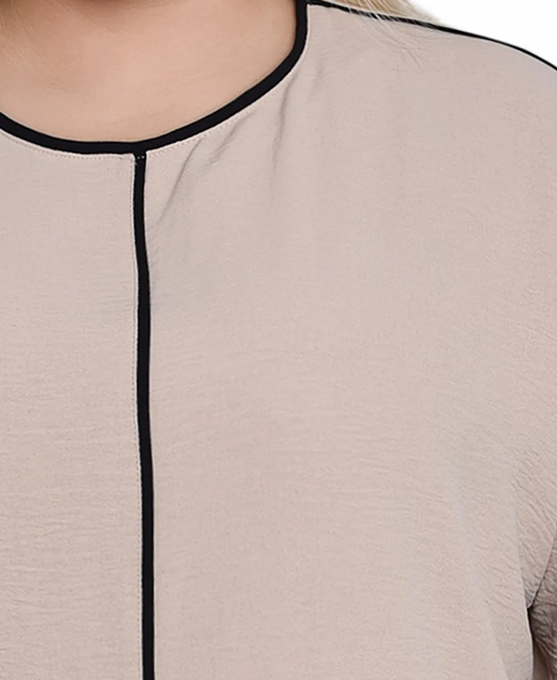 Ny Collection Plus Long Sleeve Contrast Piped Blouse