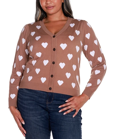 Belldini Plus Size Hearts Jacquard Cardigan Sweater