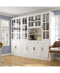 White Wooden Bookcase, Sideboard with 19-Tier Shelves and 2 Drawers