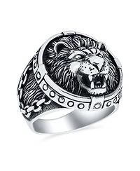 Big Statement Masculine King Of Jungle Round Viking Signet Roaring Lion Ring Solid Oxidized .925 Sterling Silver