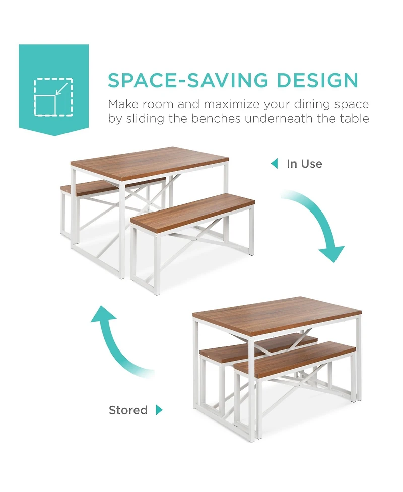 Best Choice Products 45.5in 3-Piece Bench Style Dining Furniture Set, 4-Person Dinette w/ 2 Benches, Table
